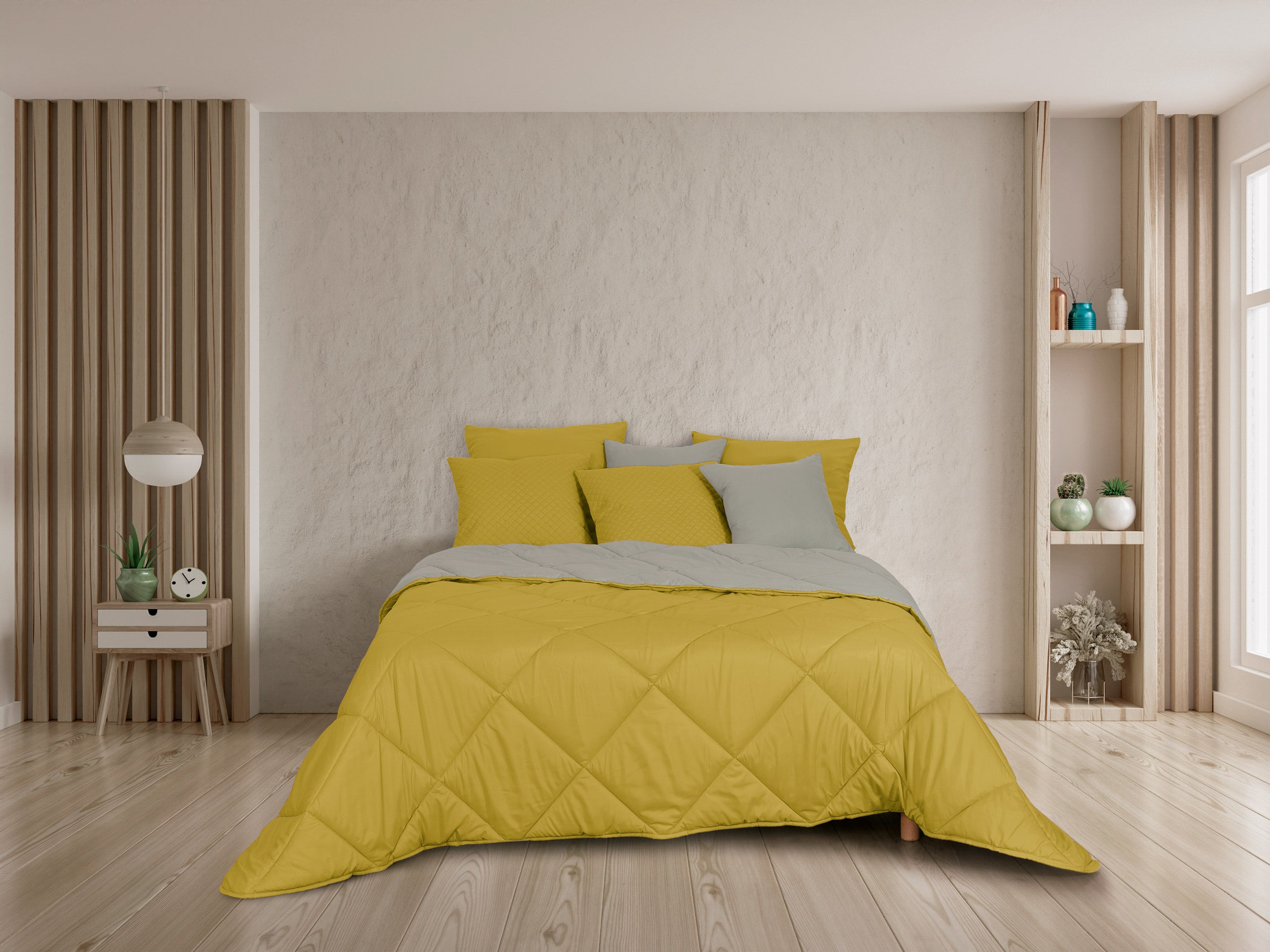 Edredón calefactor bicolor amarillo y gris