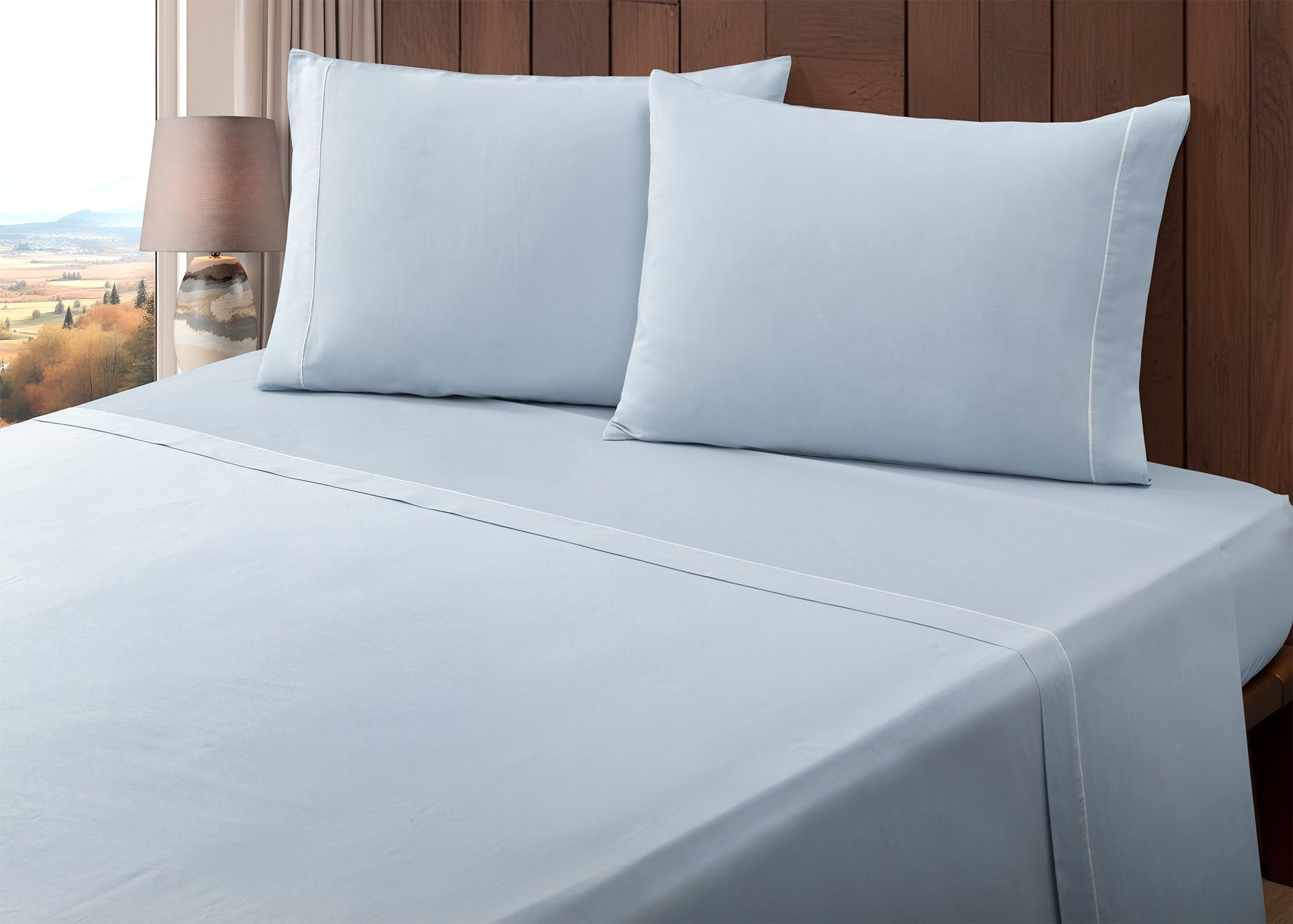 Juego de sábanas de percal de algodón, 400 hilos, azul brumoso