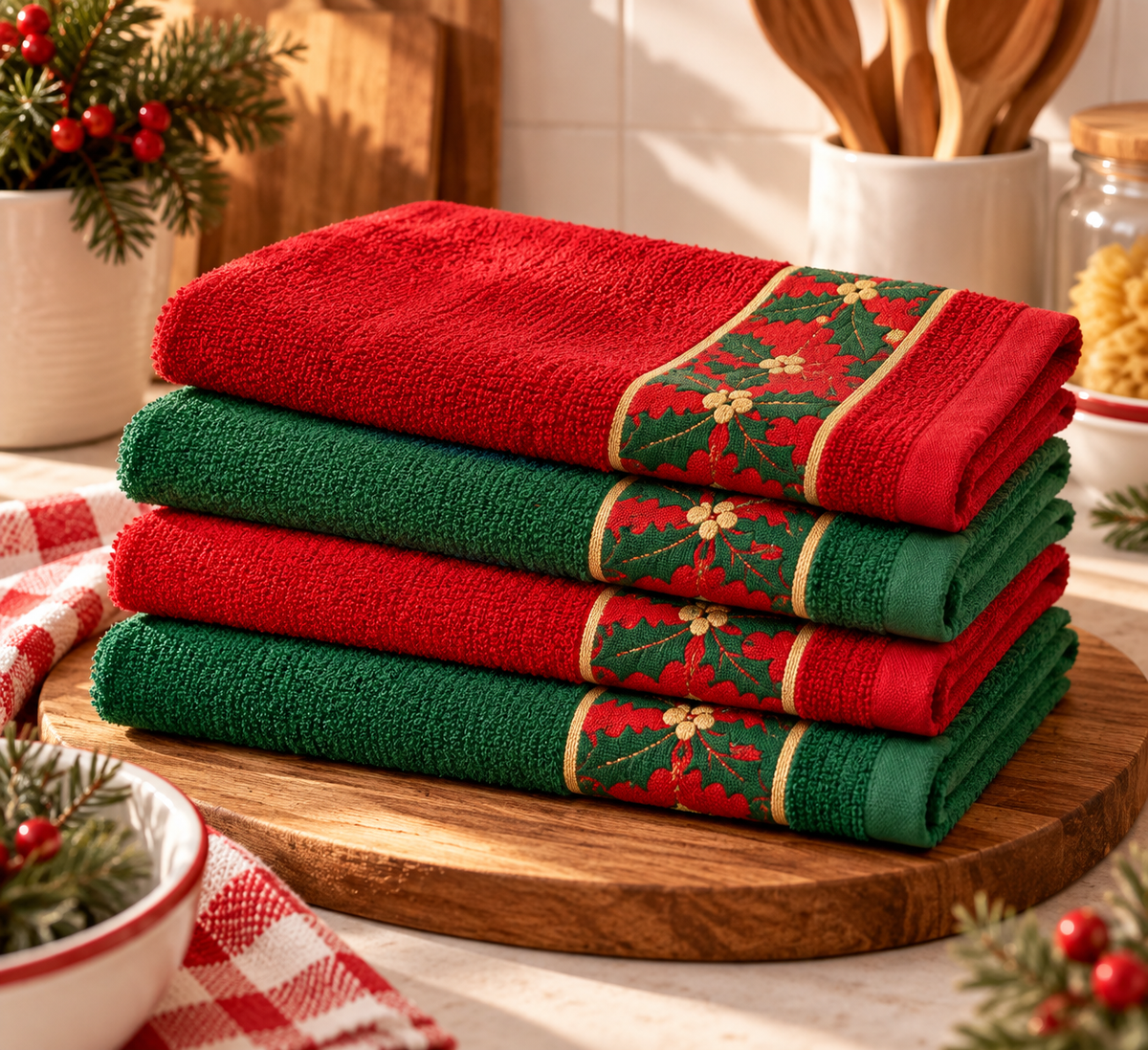 Paños de Cocina Navideños con Acebo