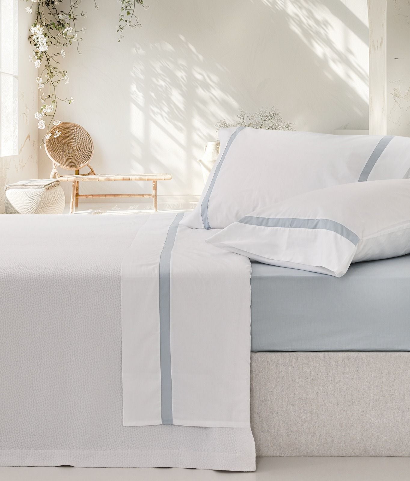 Juego de sábanas de percal a rayas de 300 hilos, color azul