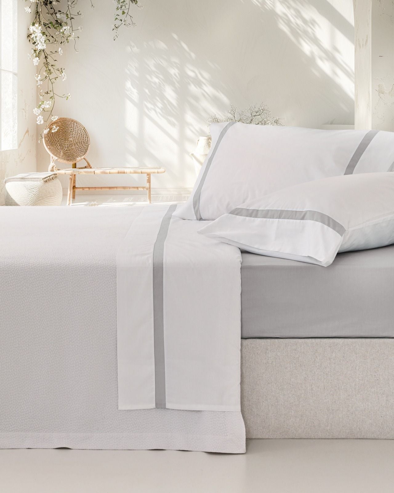 Juego de sábanas de percal a rayas de 300 hilos, color gris