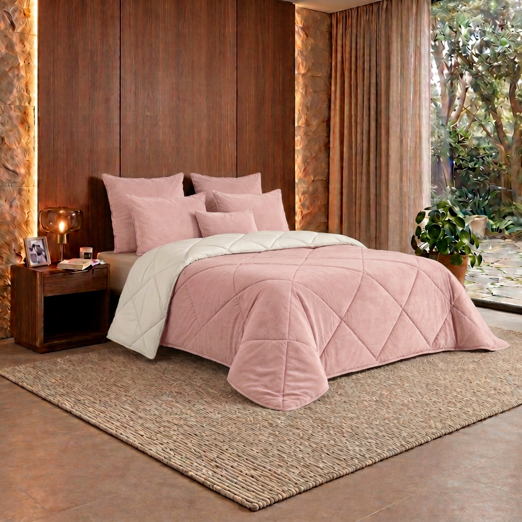 Conjunto em rosa claro e branco perolado
