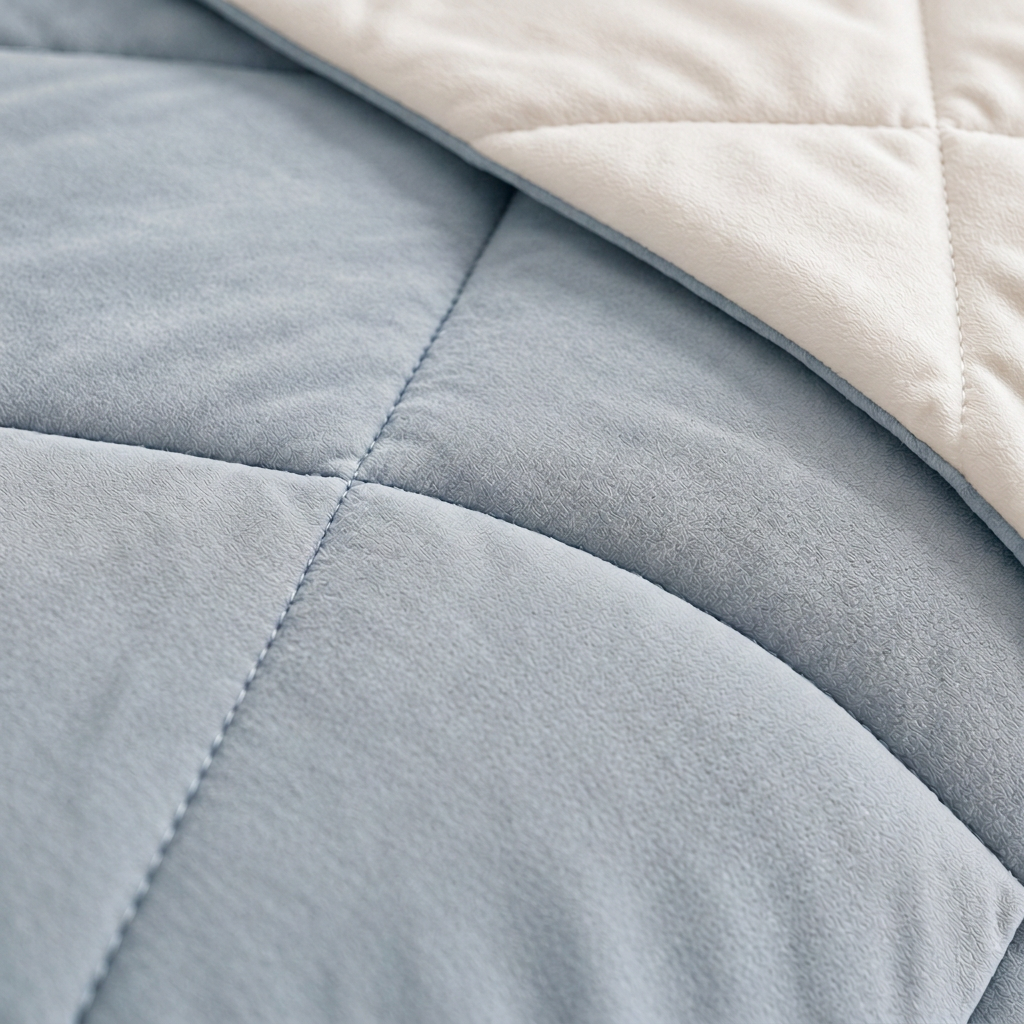 Detalhe do edredão azul com reverso branco
