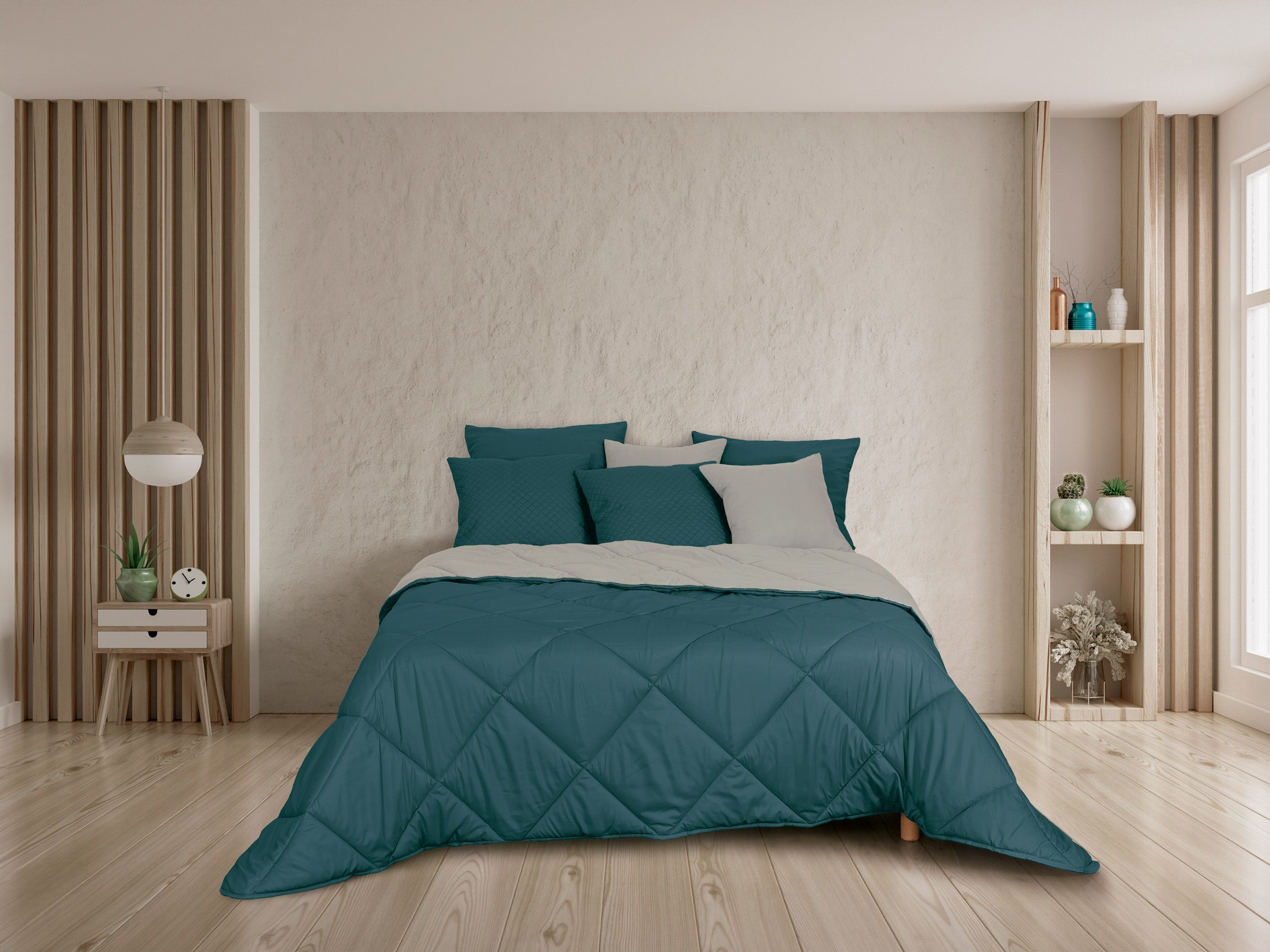 Edredón calefactor bicolor, azul verdoso y gris