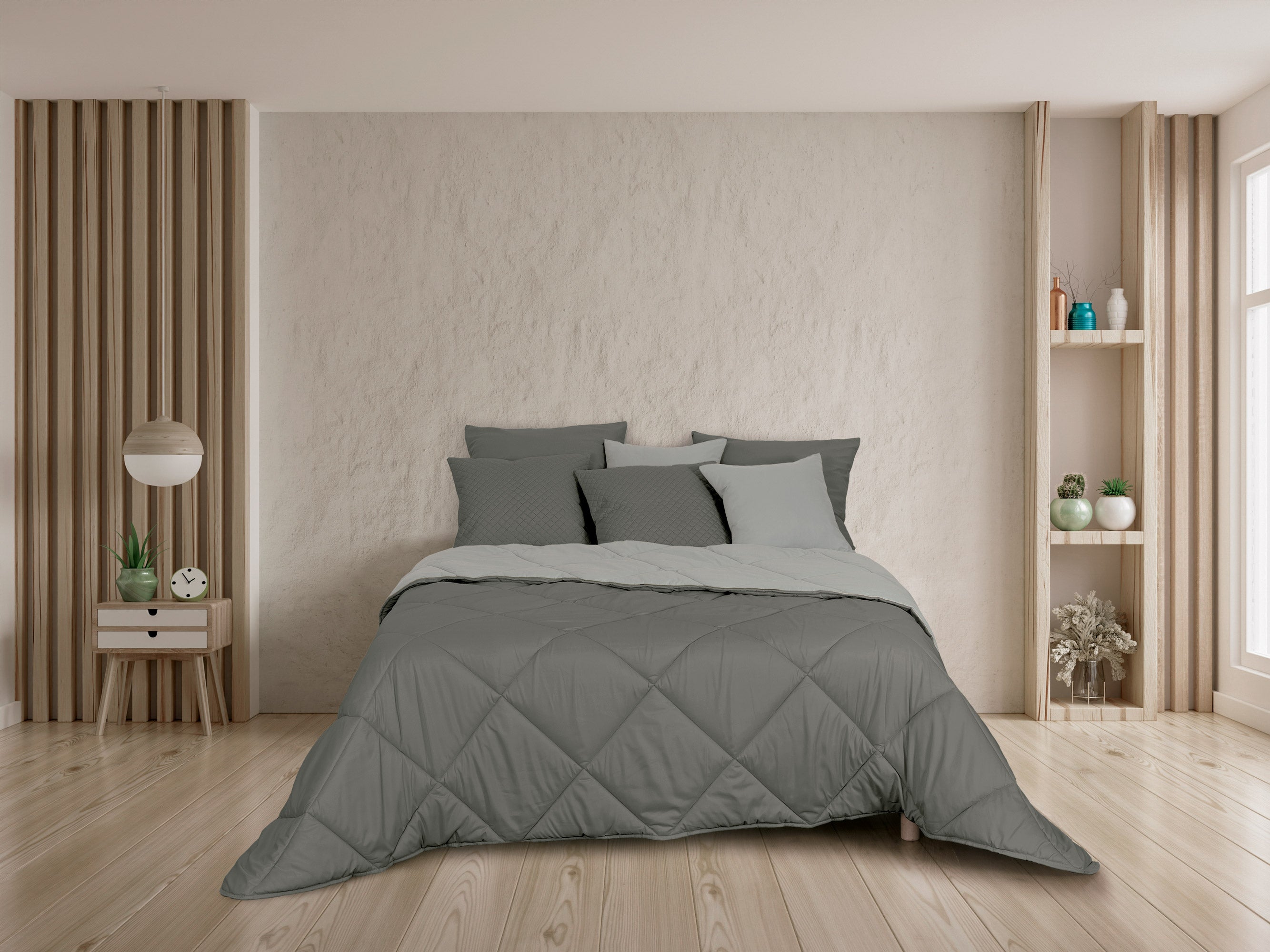 Edredón térmico bicolor, gris oscuro y gris claro. 