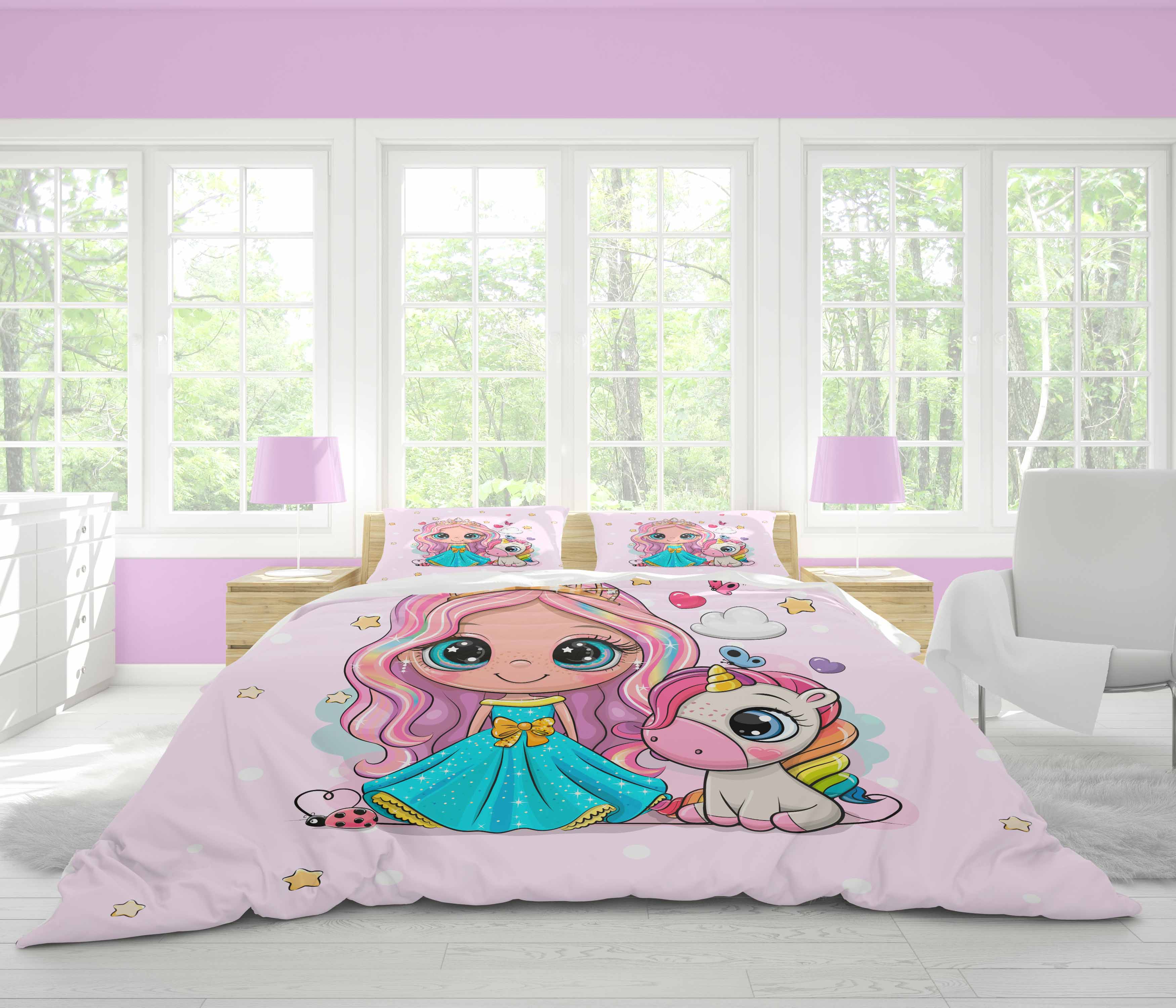 Edredón infantil de unicornio y princesa
