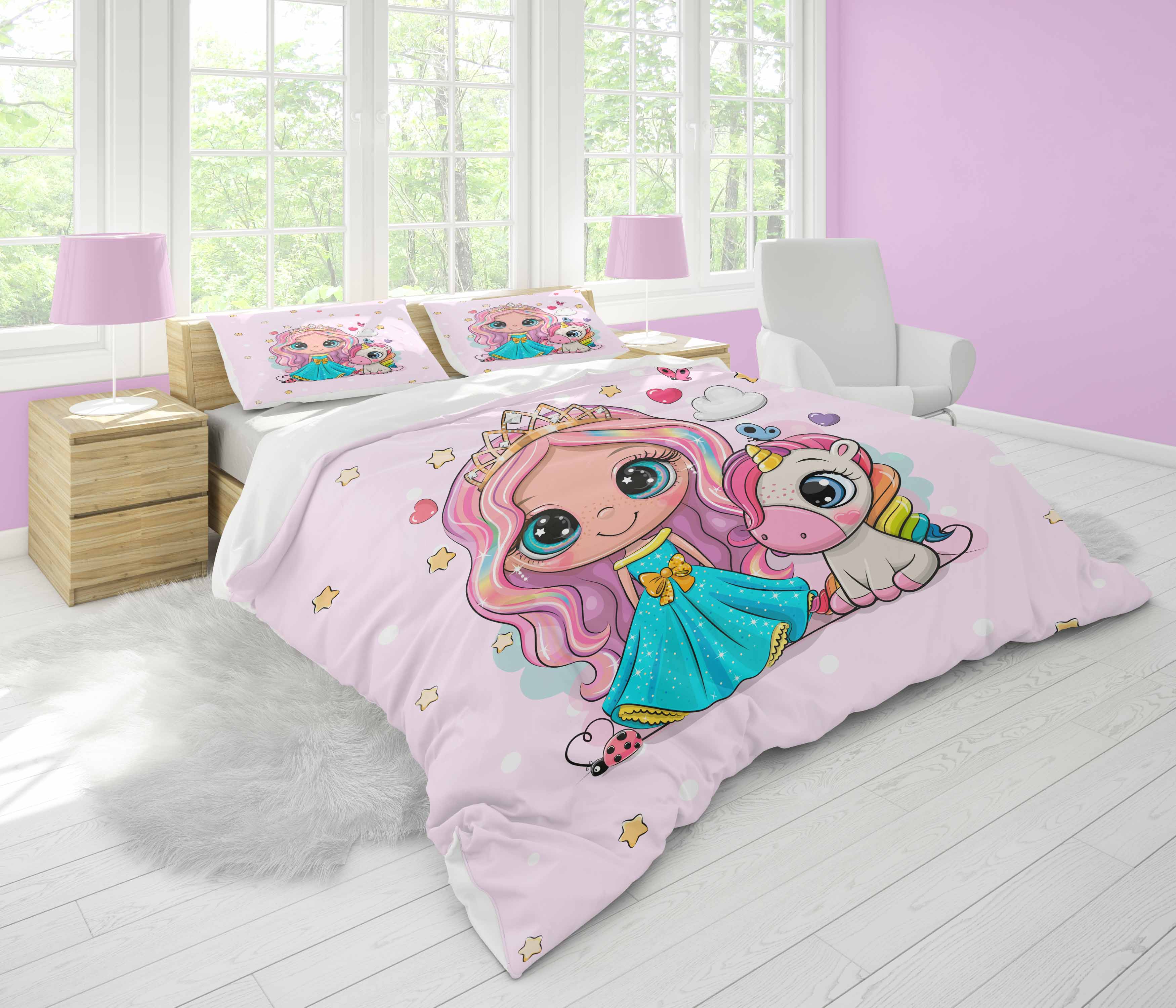Edredón infantil de unicornio y princesa
