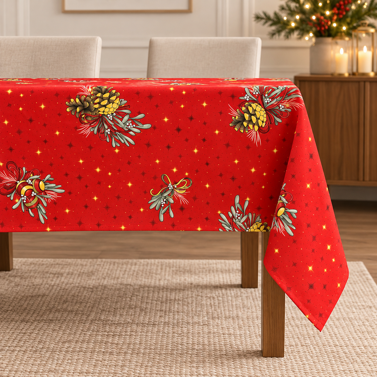 Mantel navideño con bolas - Resistente a las manchas