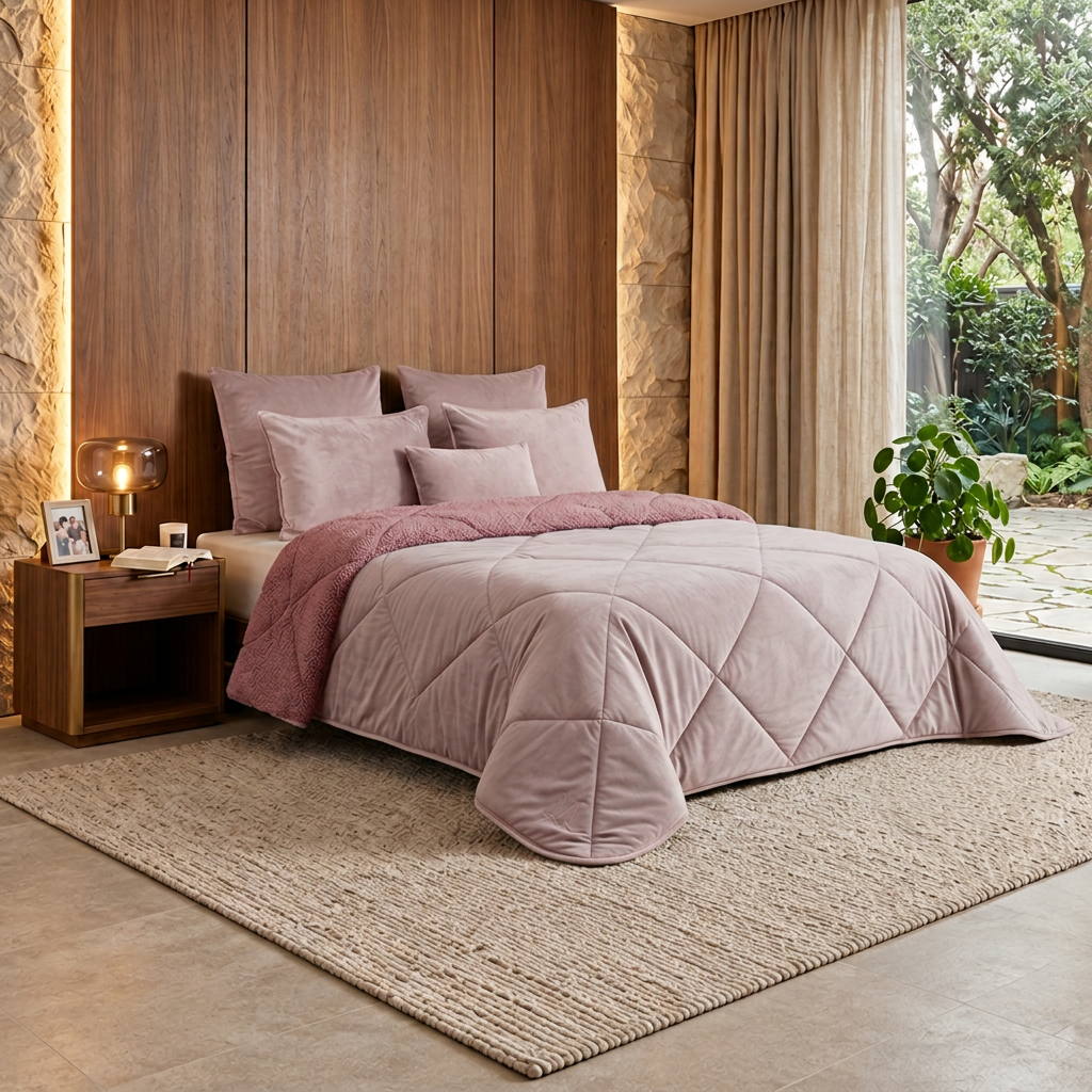 Cama e almofadas em rosa suave